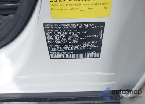 2021 Volkswagen Atlas 3.6L V6 Sel Premium R-Line из США, поврежденный, VIN 1V2FR2CA8MC553093